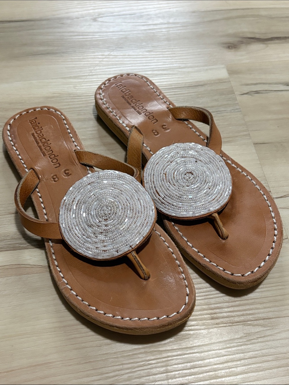 Laidback London Jayda Beaded Disc Thong Leather Sandals Size 38